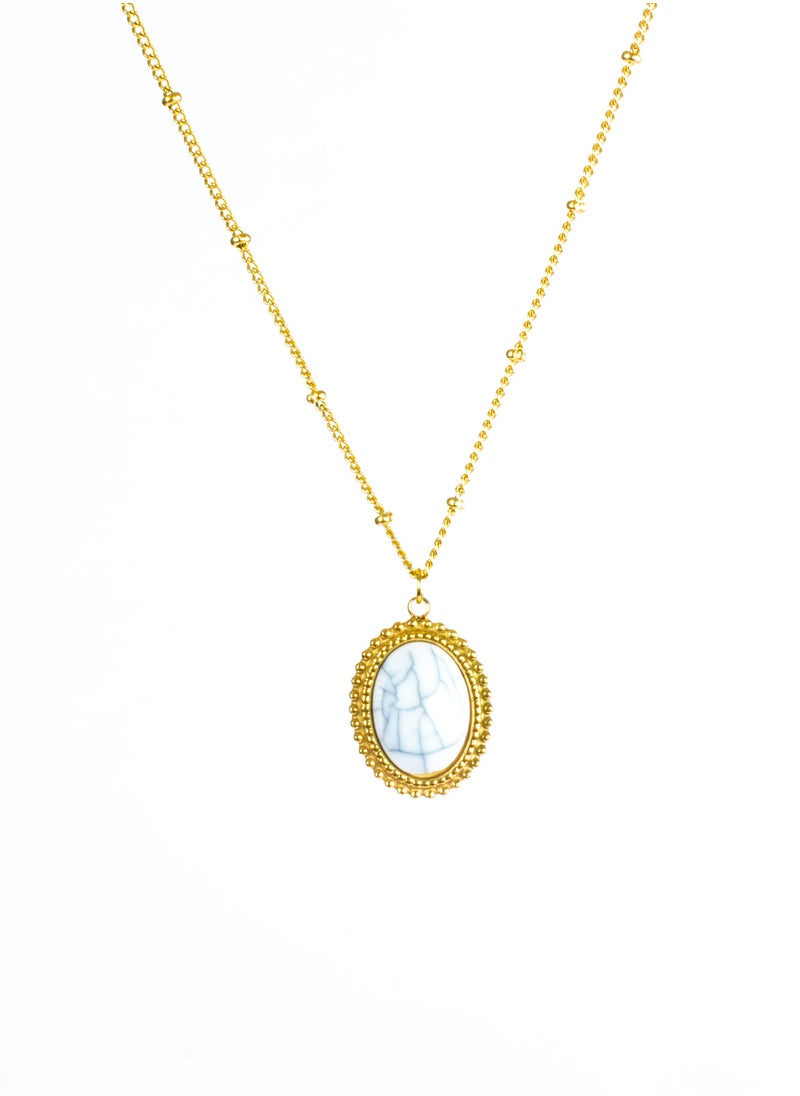 The Black Pearl Accessories Stainless Steel Necklace Gold with a White Marble Stone Pendant  - Image 1
