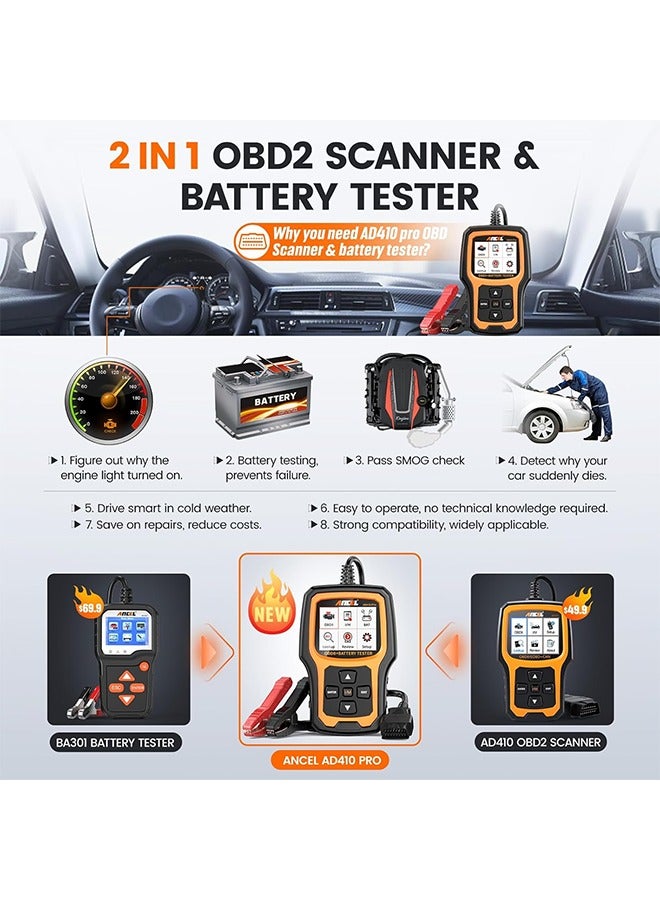 Ancel ANCEL AD410 Pro 2 in 1 OBD2 Scanner Battery Tester, OBD2 Scanner Diagnostic Tool for Car Check Engine Code Reader Scan Tool & 6V 12V 100-2000 CCA Battery Charging Cranking Test EVAP Live Data  - Image 3