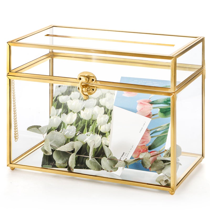 Okllen Glass Wedding Card Box with Lock and Slot Gold Rim Envelop Box Gift Holder Vintage Clear Card Box for Wedding Reception Baby Shower Birthday Graduation Glass Box and Lock Only