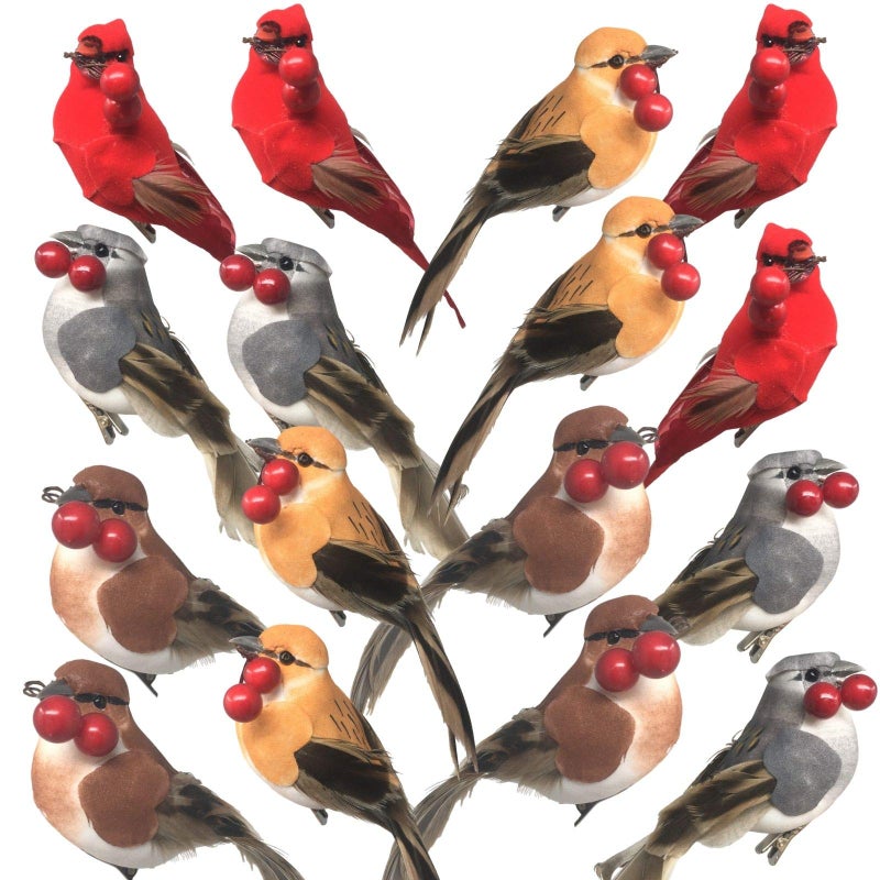 BANBERRY DESIGNS Feathered Song Bird ClipOn Ornaments  Set of 16  Assorted Styles  Cardinals Orioles Finches and Chickadees with Red Berries  Each Measures 4 Inches