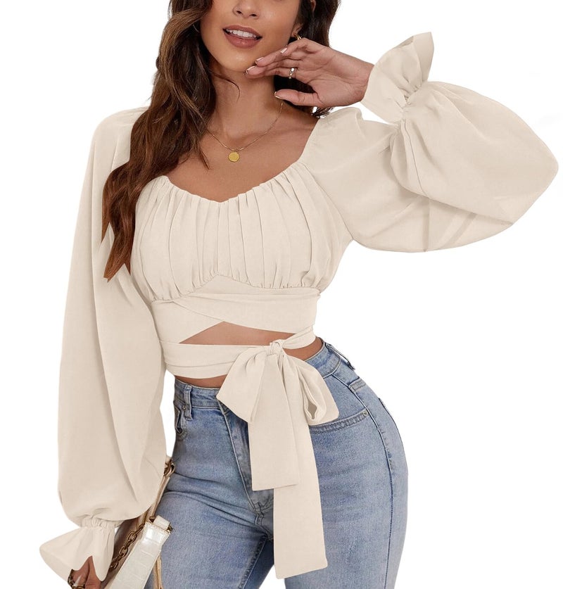 Rooscier Women's Ruched Wrap Square Neck Flounce Long Sleeve Self Tie Crop Top Blouse Light Beige Small - Image 3