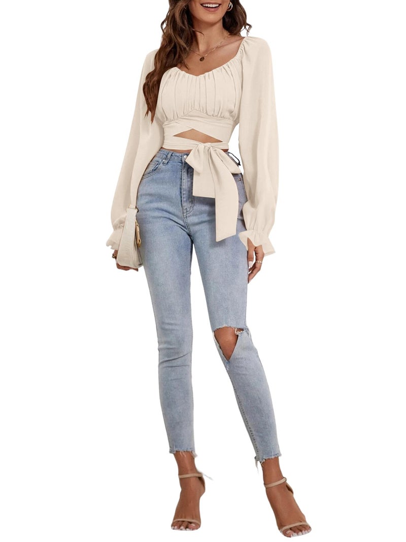 Rooscier Women's Ruched Wrap Square Neck Flounce Long Sleeve Self Tie Crop Top Blouse Light Beige Small - Image 4