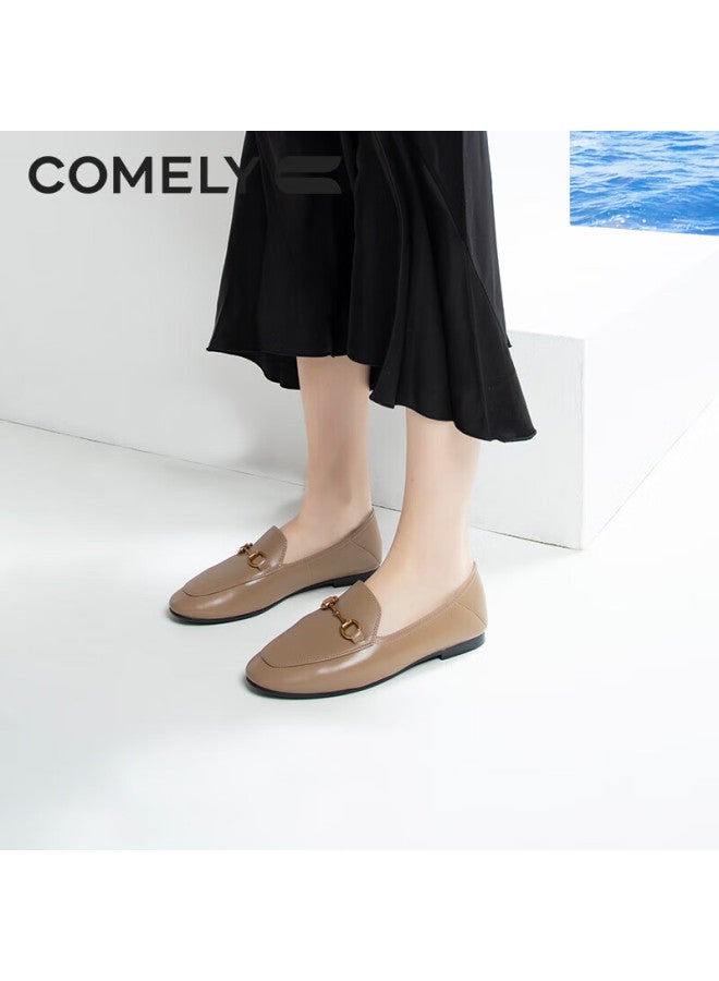 Comely Women's Loafers, Cow/sheepskin Flat Slip-on Shoes, Round Toe Comfortable Commuter Versatile Leather Shoes, Camel Color, Size 40 - Image 4