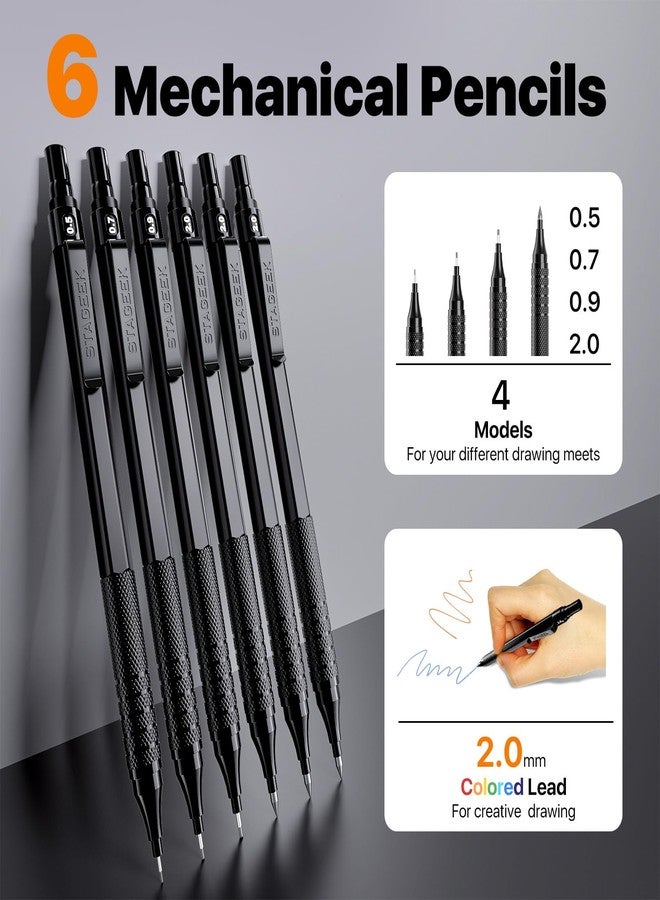 STAGEEK 35PCS Black Art Mechanical Pencil Set in Case，0.5 0.7 0.9 2.0 Graphite Metal Drawing Drafting Pencils, Sharpener Erasers 384PCS Lead Refills (6B 4B 2B HB 2H 4H Colors) for Writing Sketching - Image 3