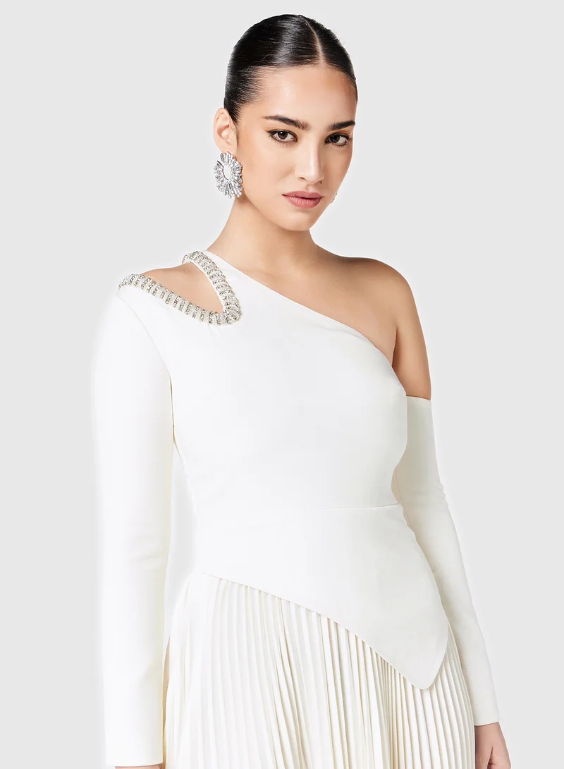 Threadz by Ajooni Embellished  Cutout Asymmetric Neck Pleated Dress