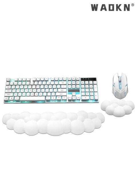 Cloud-Shaped Keyboard Wrist Rest, PU Leather Memory Foam Wrist Rest for Computer Keyboard, Ergonomic Pad and Cute Mouse Wrist Rest for Gaming, Office, Computer, Typing Pain Relief ,White