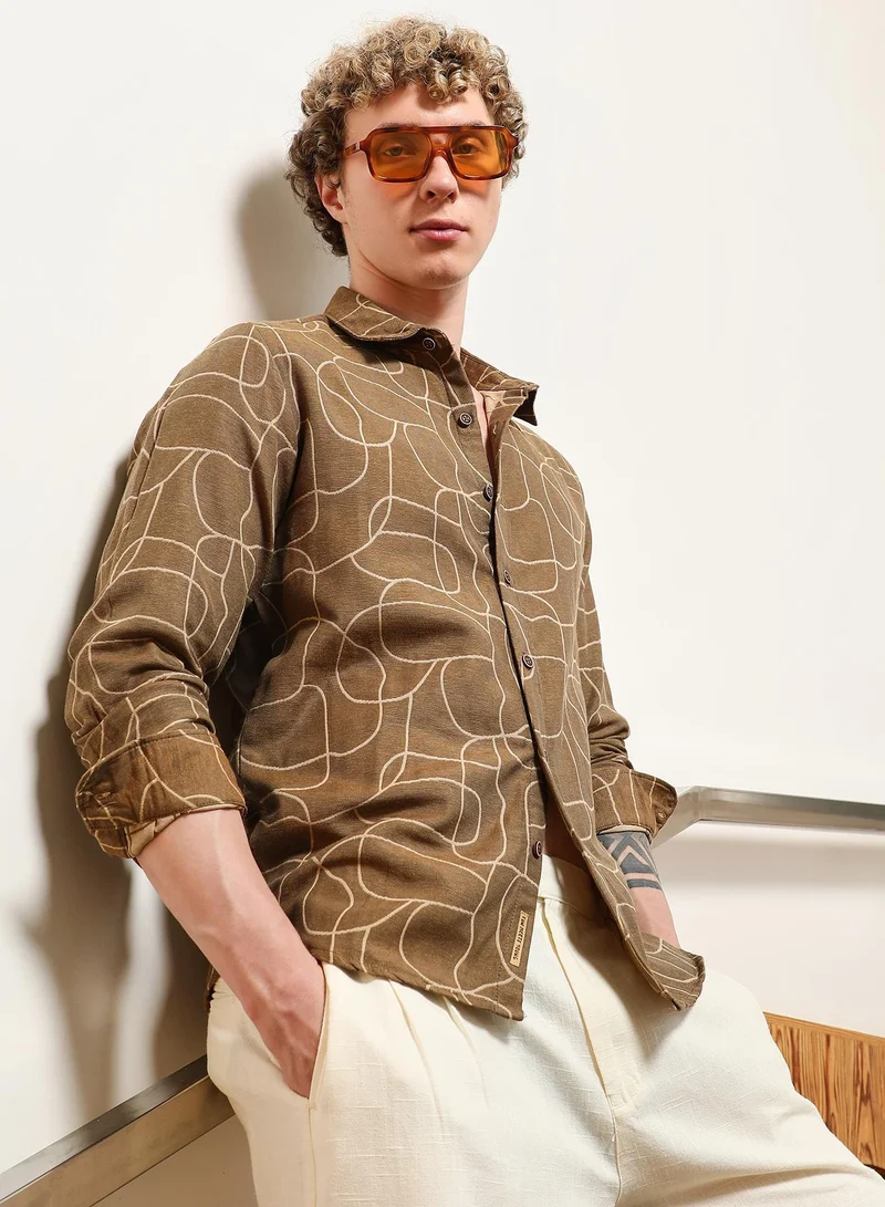 كامبوس سوترا قميص رجالي بأكمام كاملة بطباعة تجريدية من مزيج القطن باللون البني