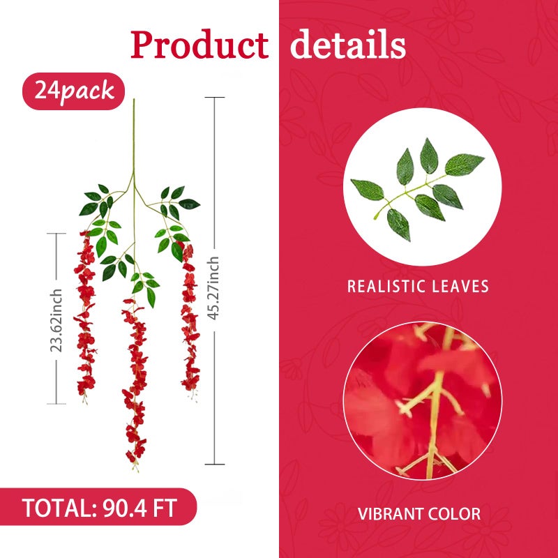 Luerbi Artificial Red Wisteria Flower Vines  3.77 Feet Red Wisteria Hanging Flowers Garland  24 Pack Fake Red Silk Wisteria  RedHanging Vines for Photo Backdrop  Red Wisteria Garland Decor - Image 2