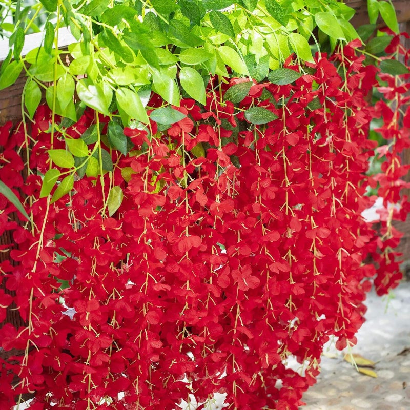 Luerbi Artificial Red Wisteria Flower Vines  3.77 Feet Red Wisteria Hanging Flowers Garland  24 Pack Fake Red Silk Wisteria  RedHanging Vines for Photo Backdrop  Red Wisteria Garland Decor - Image 3