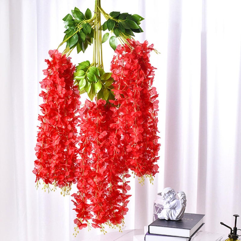 Luerbi Artificial Red Wisteria Flower Vines  3.77 Feet Red Wisteria Hanging Flowers Garland  24 Pack Fake Red Silk Wisteria  RedHanging Vines for Photo Backdrop  Red Wisteria Garland Decor - Image 5