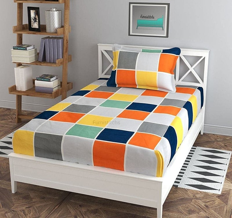 TIB The Intellect Bazaar Cotton Feel Glace Cotton Elastic Fitted Bedsheet Single Size Bedsheet with 1 Pillow Covers 36 x 78 Box Multi - Image 1