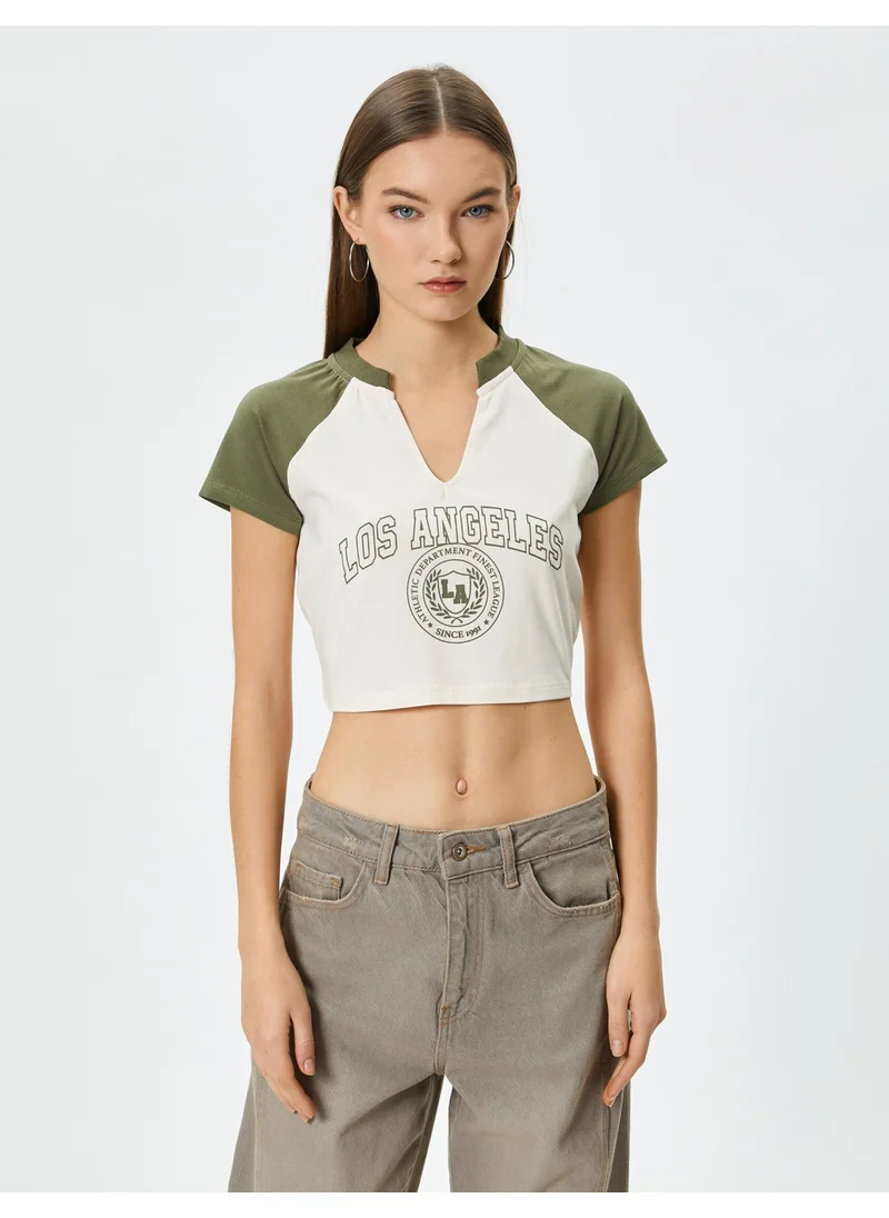KOTON College Crop T-Shirt V Neck Short Sleeve Cotton