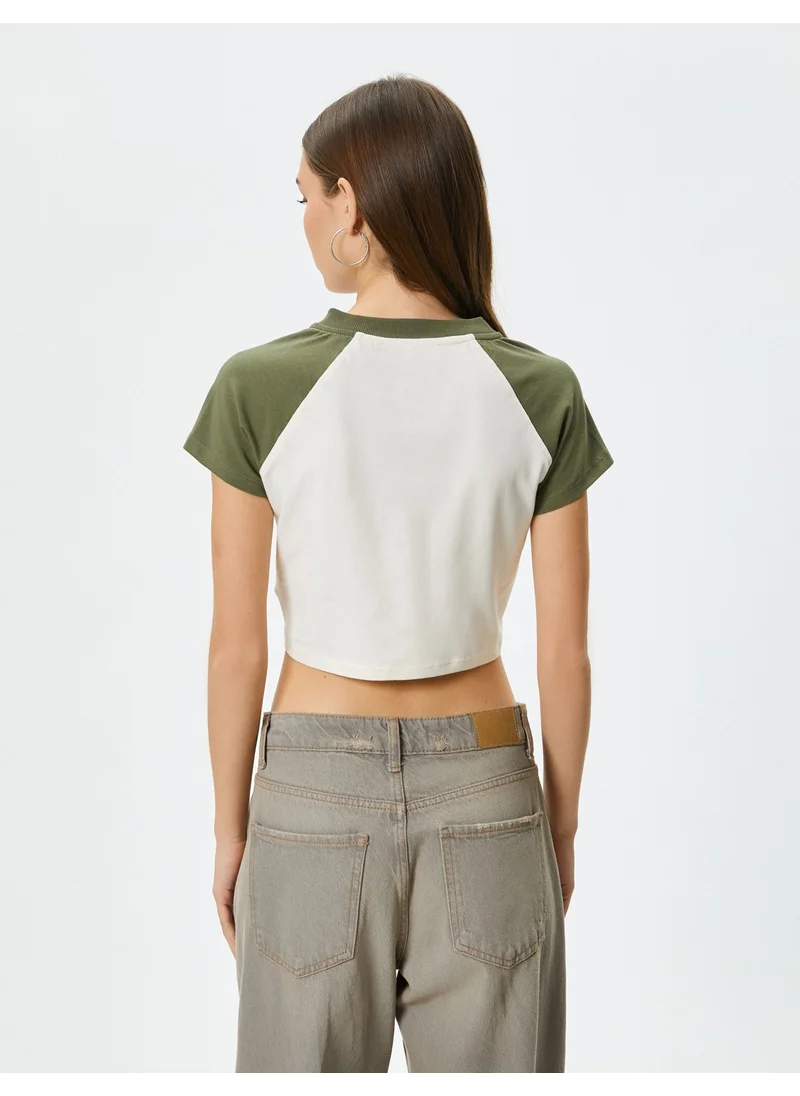 KOTON College Crop T-Shirt V Neck Short Sleeve Cotton