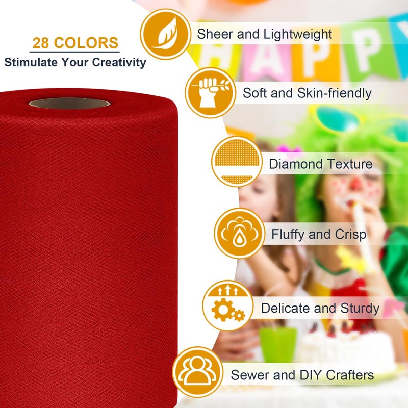 Ableme Deco Red Tulle Fabric Roll 6 Inch by 100 Yards (300 ft) Tulle Ribbon Sheer Mesh Netting for DIY Tutu Skirt Gift Wrapping Wedding Baby Shower Birthday Halloween Party Decorations Crafts, 34 Colors (Red) - Image 3