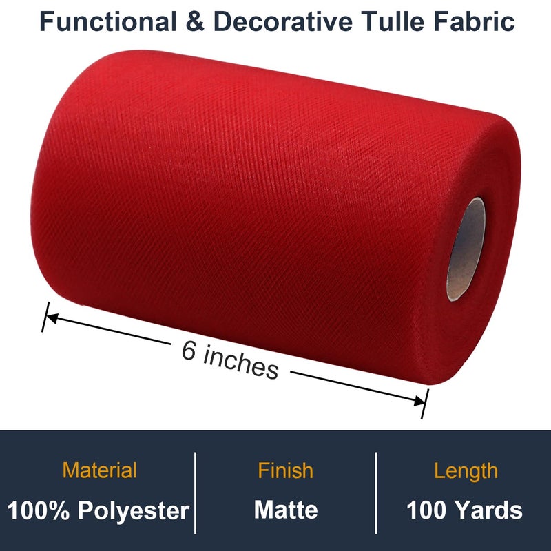 Ableme Deco Red Tulle Fabric Roll 6 Inch by 100 Yards (300 ft) Tulle Ribbon Sheer Mesh Netting for DIY Tutu Skirt Gift Wrapping Wedding Baby Shower Birthday Halloween Party Decorations Crafts, 34 Colors (Red) - Image 2