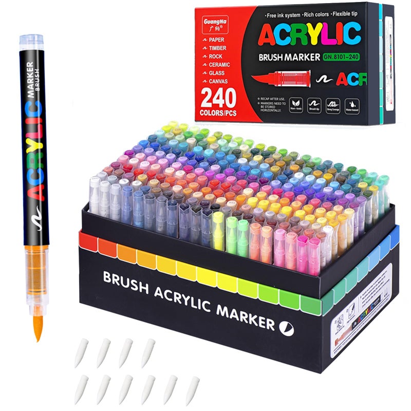 Guangna 240 Colors Acrylic Paint Markers Brush Tip Paint Pens with DirectLiquid Ink Control for Rock Painting Wood Canvas Glass Fabric Crafts - Image 2