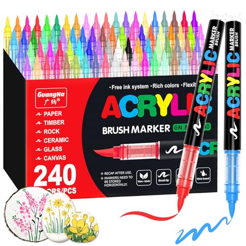 Guangna 240 Colors Acrylic Paint Markers Brush Tip Paint Pens with DirectLiquid Ink Control for Rock Painting Wood Canvas Glass Fabric Crafts - Image 3