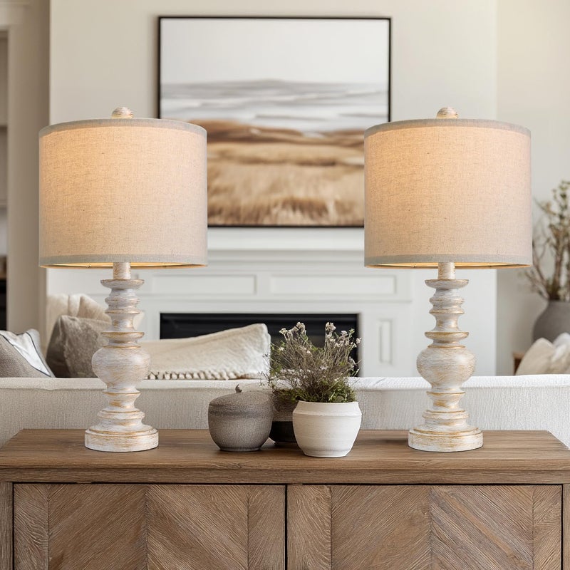 BOBOMOMO 20" Retro Table Lamps Set of 2 - Farmhouse Lamp for Living Room with Linen Shades, Rustic Bedside Nightstand Lamps, Resin Lamps for Bedroom Nursery Room Hallway - Ideal for Compact Spaces - Image 1