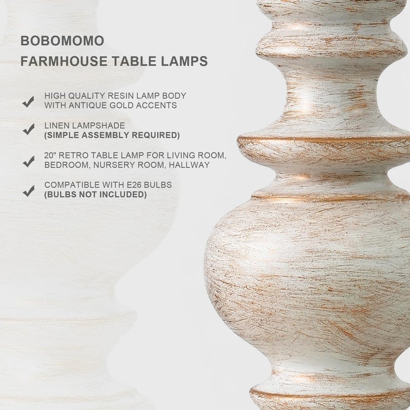 BOBOMOMO 20" Retro Table Lamps Set of 2 - Farmhouse Lamp for Living Room with Linen Shades, Rustic Bedside Nightstand Lamps, Resin Lamps for Bedroom Nursery Room Hallway - Ideal for Compact Spaces - Image 4