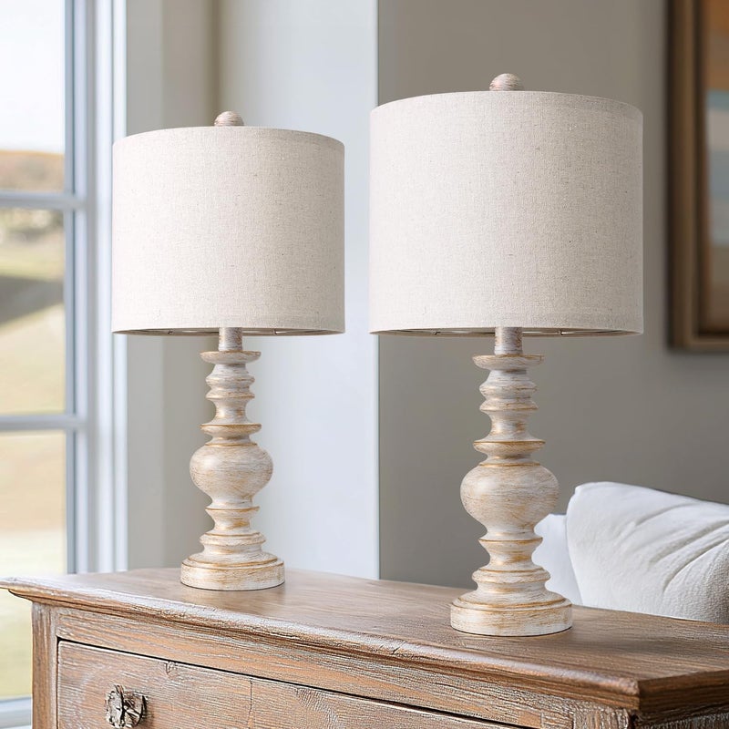 BOBOMOMO 20" Retro Table Lamps Set of 2 - Farmhouse Lamp for Living Room with Linen Shades, Rustic Bedside Nightstand Lamps, Resin Lamps for Bedroom Nursery Room Hallway - Ideal for Compact Spaces - Image 2