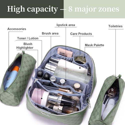 BOYATU Travel Makeup Bag Cosmetic Bags for Women: 3 Pcs Set Large Capacity Make up Bag with Handle - Vegan Leather Toiletry Bags with Compartments - Makeup Organizer for Travel Essentials(A-5-Green) - Image 5
