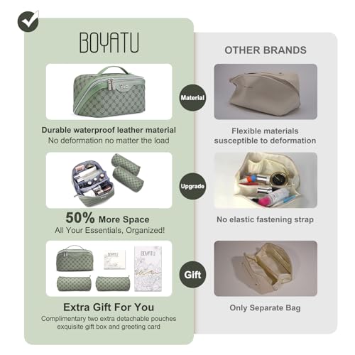 BOYATU Travel Makeup Bag Cosmetic Bags for Women: 3 Pcs Set Large Capacity Make up Bag with Handle - Vegan Leather Toiletry Bags with Compartments - Makeup Organizer for Travel Essentials(A-5-Green) - Image 3