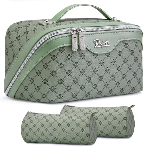BOYATU Travel Makeup Bag Cosmetic Bags for Women: 3 Pcs Set Large Capacity Make up Bag with Handle - Vegan Leather Toiletry Bags with Compartments - Makeup Organizer for Travel Essentials(A-5-Green) - Image 1