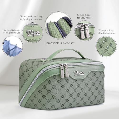 BOYATU Travel Makeup Bag Cosmetic Bags for Women: 3 Pcs Set Large Capacity Make up Bag with Handle - Vegan Leather Toiletry Bags with Compartments - Makeup Organizer for Travel Essentials(A-5-Green) - Image 2