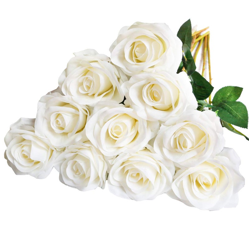 DuHouse 10pcs Fake Roses Artificial Silk Flowers Faux Rose Flower Long Stems Bouquet for Arrangement Wedding Centerpiece Party Home Kitchen DecorIvoryWhite Long Stem