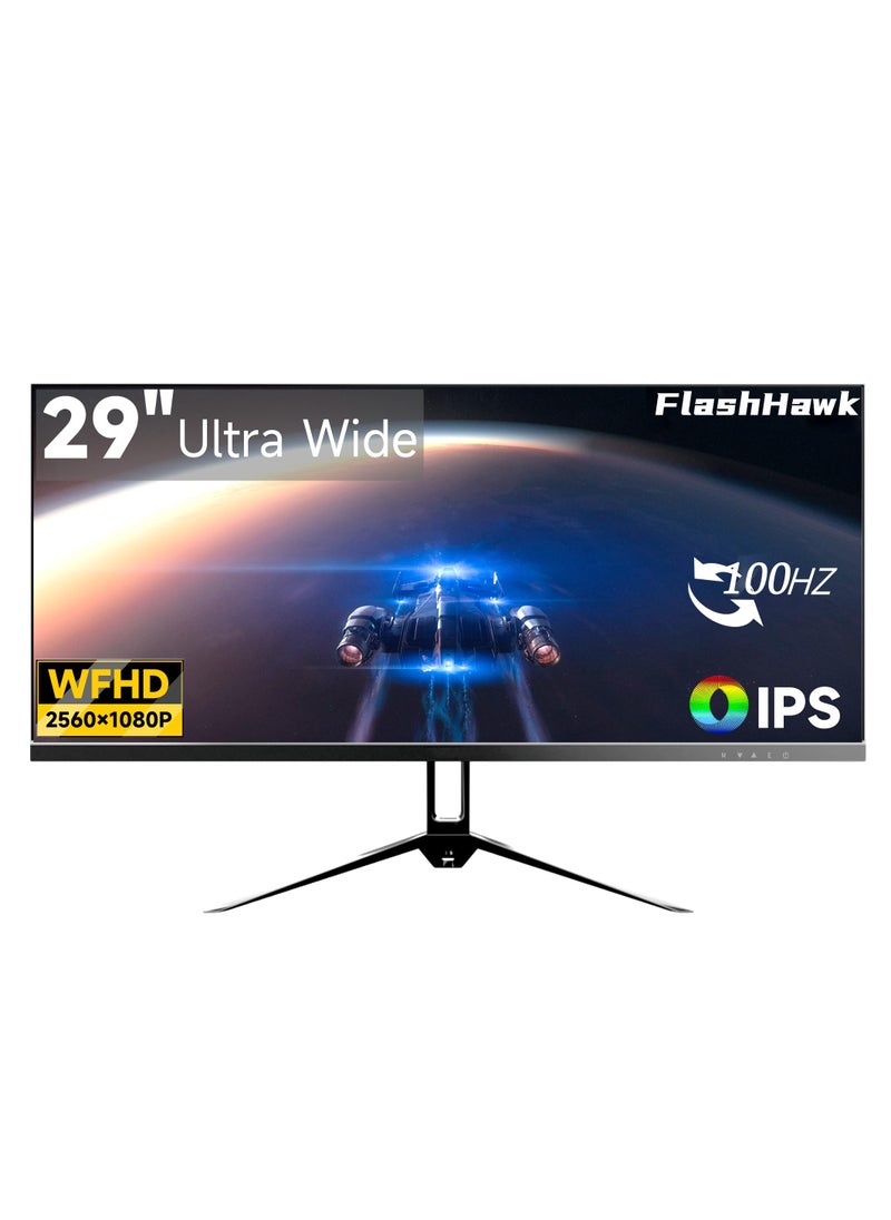 FlashHawk - 2K 29 inch Ultrawide Monitor, 21:9 IPS Display 2560 x 1080P 100Hz Refresh Rate with HDR Low Blue Light, DP+HDMI Computer Monitor for Home Office Gaming Black - Image 1