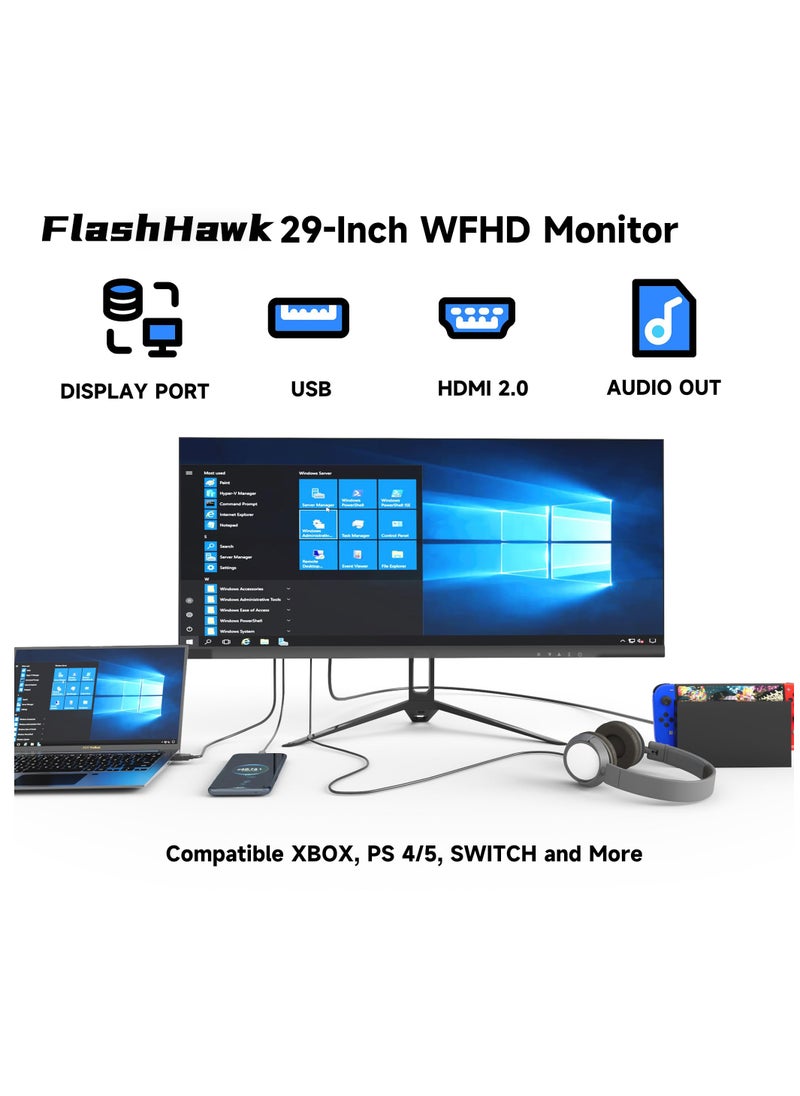 FlashHawk - 2K 29 inch Ultrawide Monitor, 21:9 IPS Display 2560 x 1080P 100Hz Refresh Rate with HDR Low Blue Light, DP+HDMI Computer Monitor for Home Office Gaming Black - Image 1