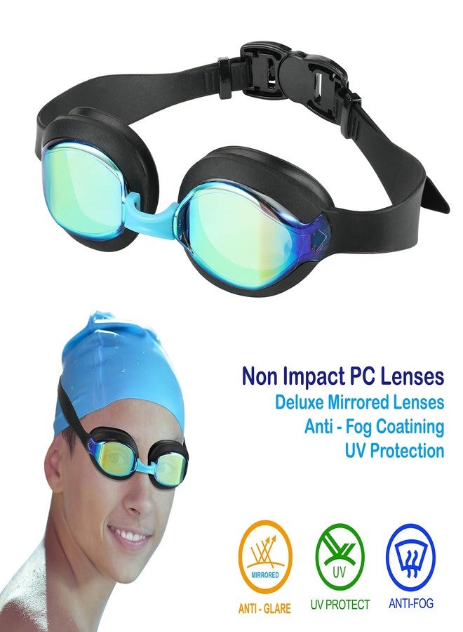RUIGAO Swimming Goggles Kids 6-14, Anti Fog/Mirrored/UV Protection, Black/Blue Swim goggles with Case for Kids/Yoouth/Adult - Image 2