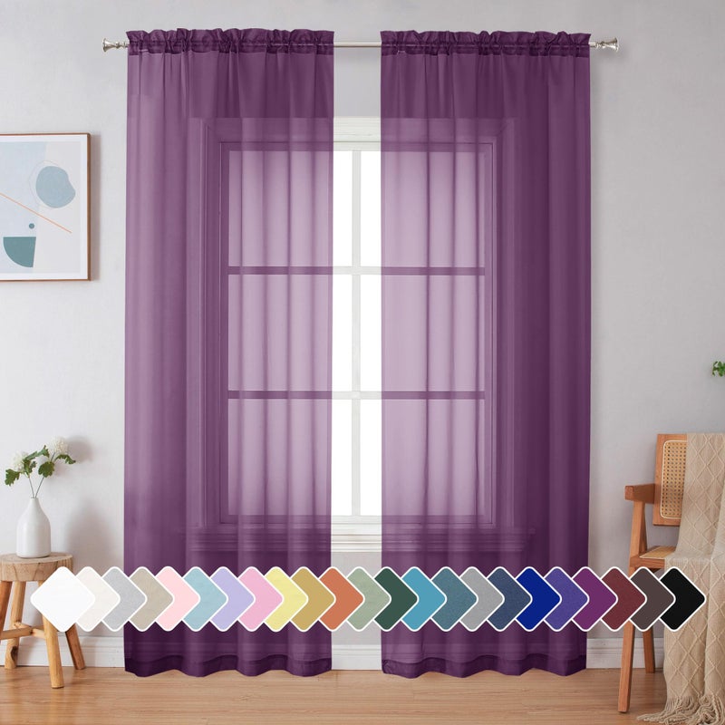 Simplebrand Plum Purple Sheer Curtains 84 Inches Long 2 Panels, Light Filtering Rod Pocket Solid Color Window Sheer Curtain Panels, Elegant Curtains & Drapes for Living Room, Bedroom, 42" W x 84" L - Image 1