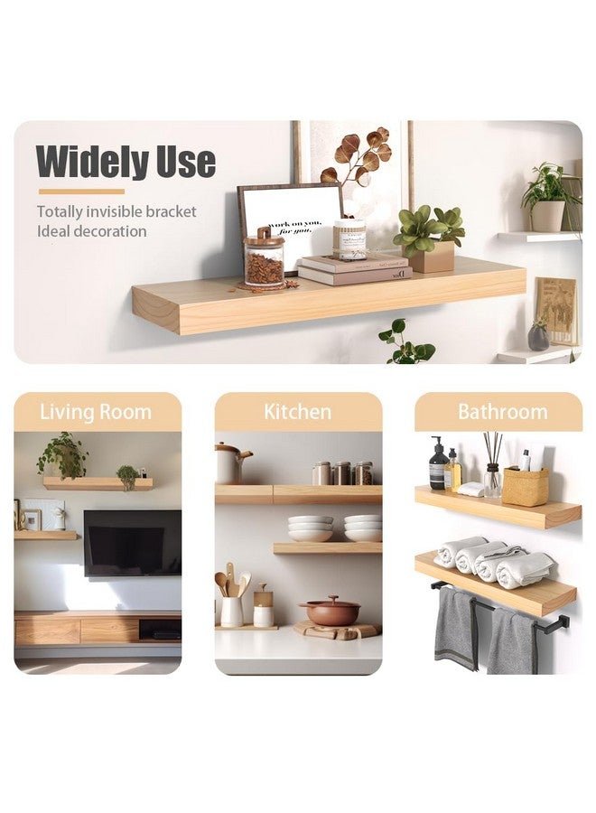 Habudda Habudda Floating Shelves, Wooden Wall Shelf for Rustic Decor, Hanging Display Shelving for Bedroom Bathroom Kitchen Living Room, Natural Wood, Invisible Bracket, 23.6"×6.7"×1.6", 2-Pack  - Image 4