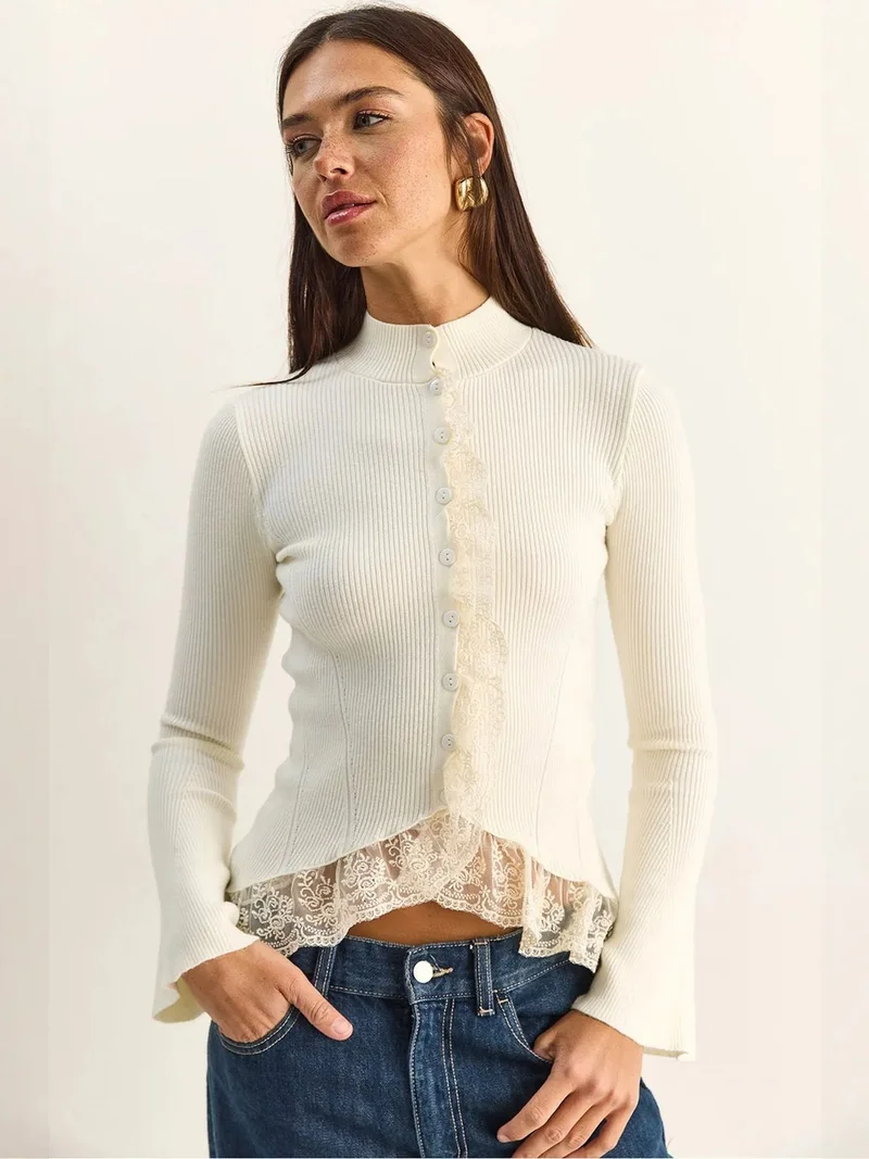 بيانكو لوتشي LUCCI Half Turtleneck Ribbed Cardigan