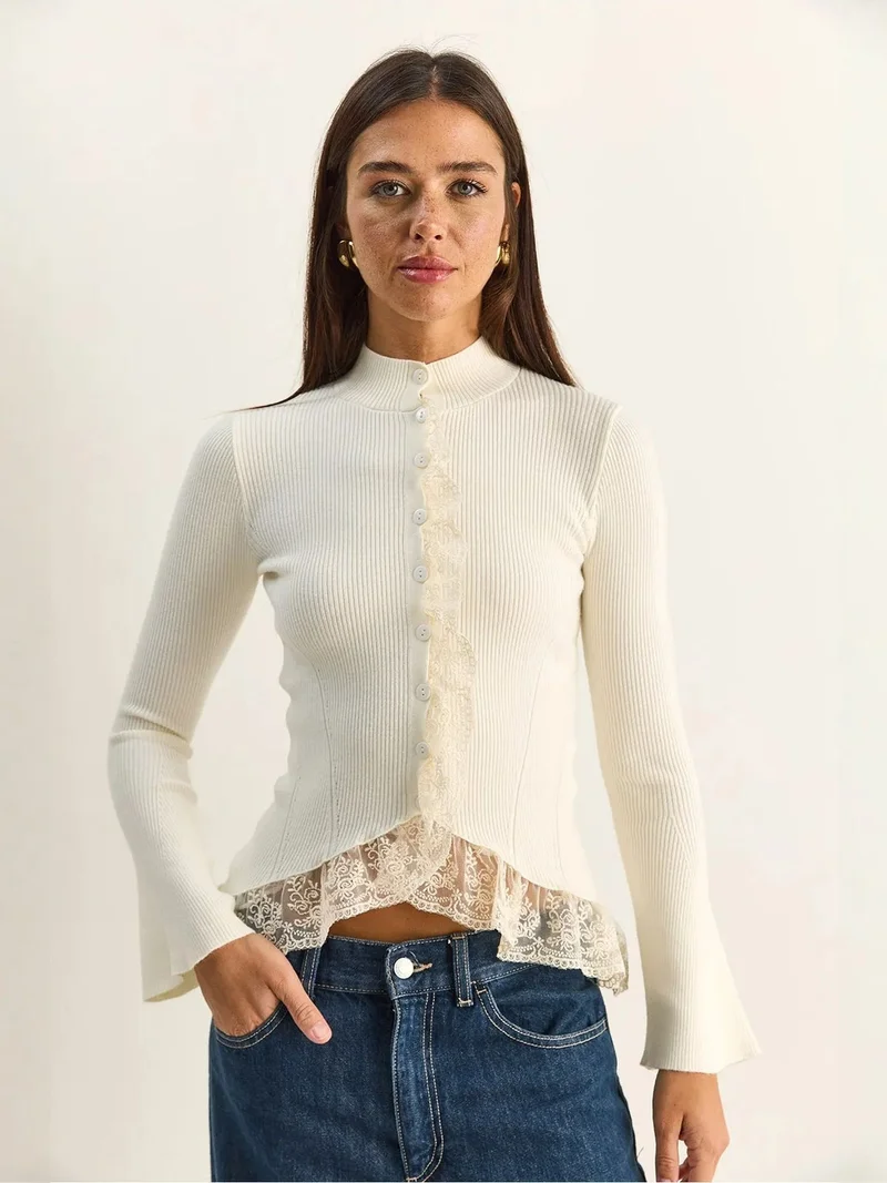 بيانكو لوتشي LUCCI Half Turtleneck Ribbed Cardigan