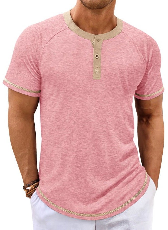 Makkrom Mens Henley Shirts Short Sleeve Casual Summer Basic T Shirts Button Vintage Lightweight Tee Tops, Pink, XXL - Image 1