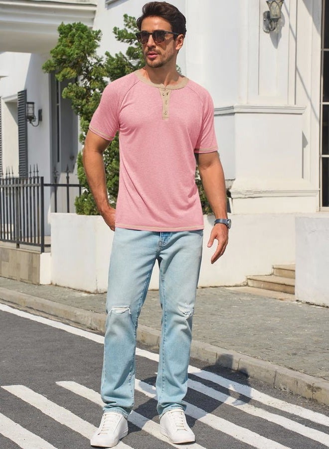 Makkrom Mens Henley Shirts Short Sleeve Casual Summer Basic T Shirts Button Vintage Lightweight Tee Tops, Pink, XXL - Image 4