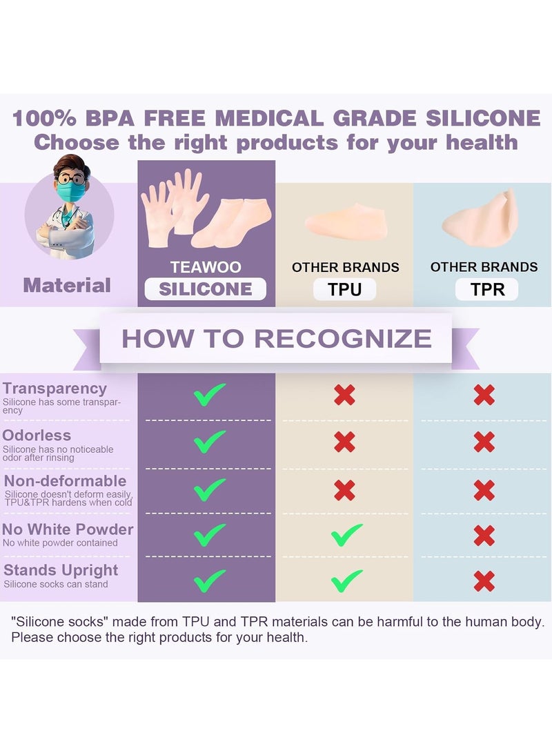 2 Pairs Silicone Socks Gloves Set for Dry Cracked Feet Hands, Silicone Moisturizing Socks for Women, Hand Foot Care, Spa Gel Socks Gloves After Pedicure - Image 5