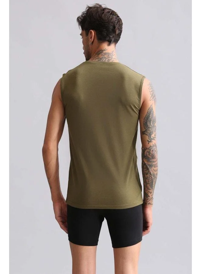 Aytuğ Cotton Modal by TENCEL HERCULES Slim Fit Bike Neck Sports Tank / T-Shirt Dark Khaki.