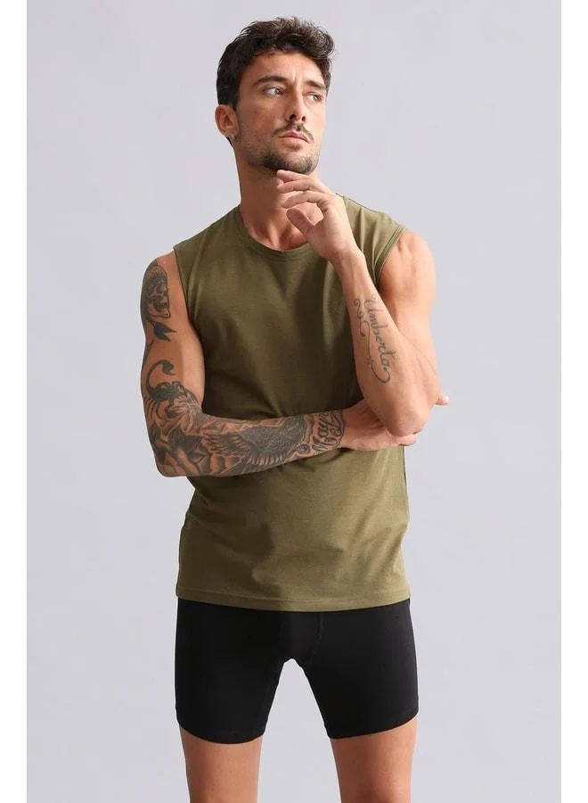 Aytuğ Cotton Modal by TENCEL HERCULES Slim Fit Bike Neck Sports Tank / T-Shirt Dark Khaki.