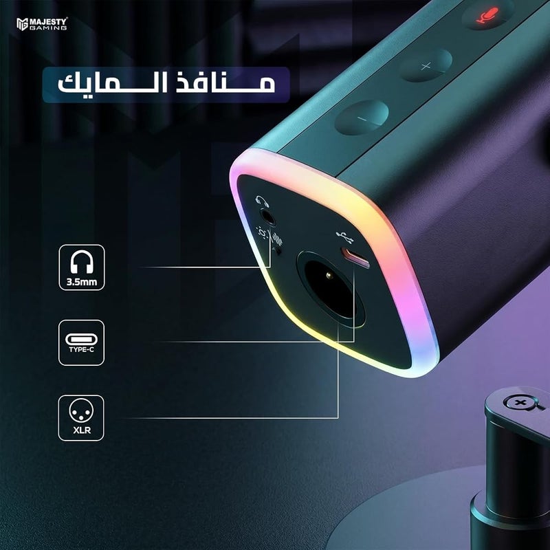 Majesty Hi-End Gaming Microphone Dynamic Mic for Content Making & Live Streaming RGB Lighting USB Type-C & XLR Connectors & Headphone Input Mute Button Live Audio Monitoring - Black - Image 3
