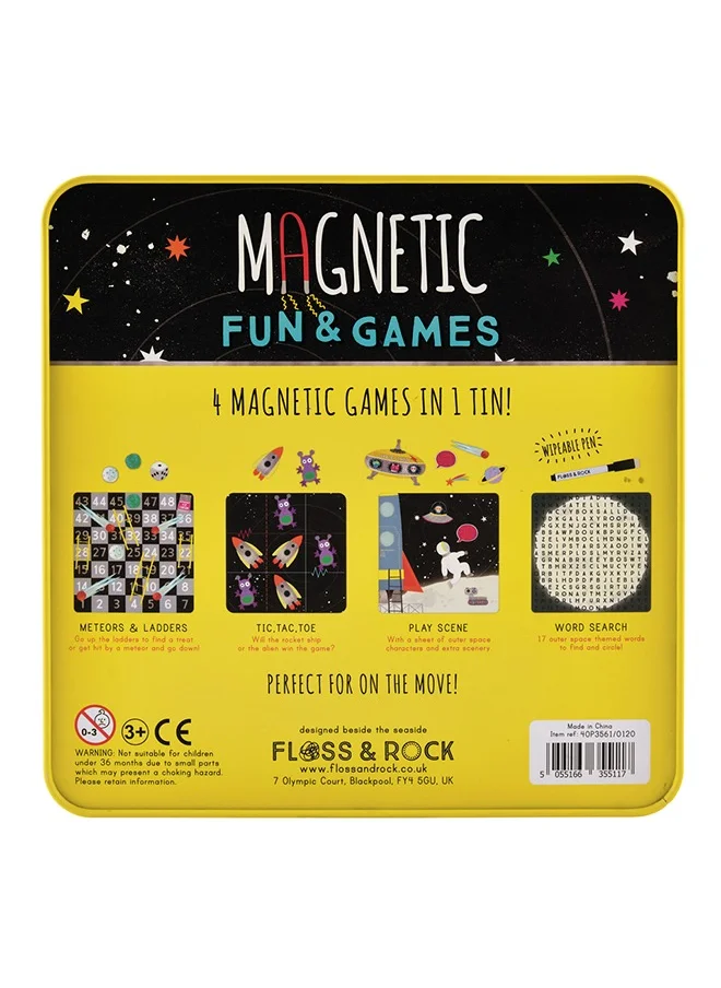 Floss & Rock Magnet Game Space & 4-in-1 Travel Game Tin | Interactive Magnetic Playset & Classic Board Games – Metros & Ladders, Tic Tac Toe, Play Scene & Word Search – Compact, Fun & Educational Game Set for Kids