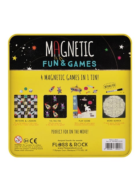 Magnet Game Space & 4-in-1 Travel Game Tin | Interactive Magnetic Playset & Classic Board Games – Metros & Ladders, Tic Tac Toe, Play Scene & Word Search – Compact, Fun & Educational Game Set for Kids