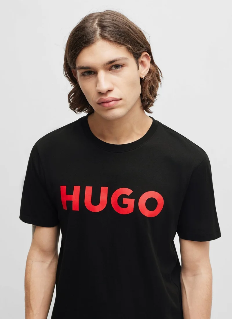 HUGO Black Cotton-jersey T-shirt with logo print for Men | Best Price UAE