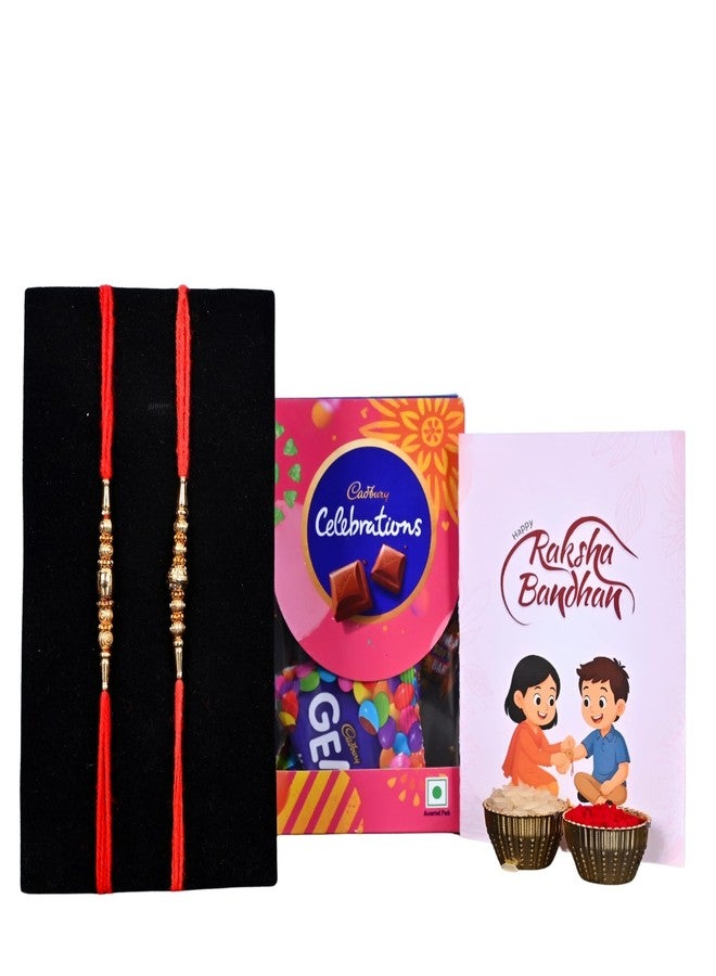 Poorak Religious Assorted Gift – 2 Rakhi, Small Celebration, Roli Chawal & Greeting Card - Image 1