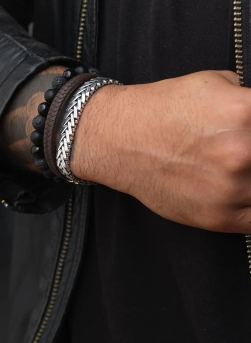 Rebel & Rose Men's Black Rocks All-Black Beaded Bracelet, 8 mm Agate, Onyx & Lava Stones
