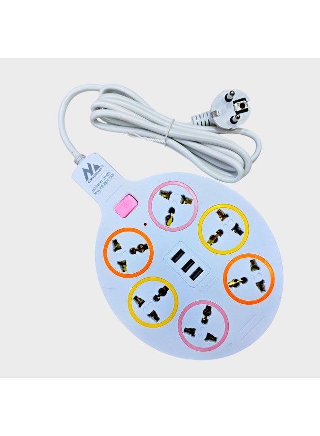 6445U Round 6-Socket Power Strip with 3 USB – Multi-Device Charging & Power