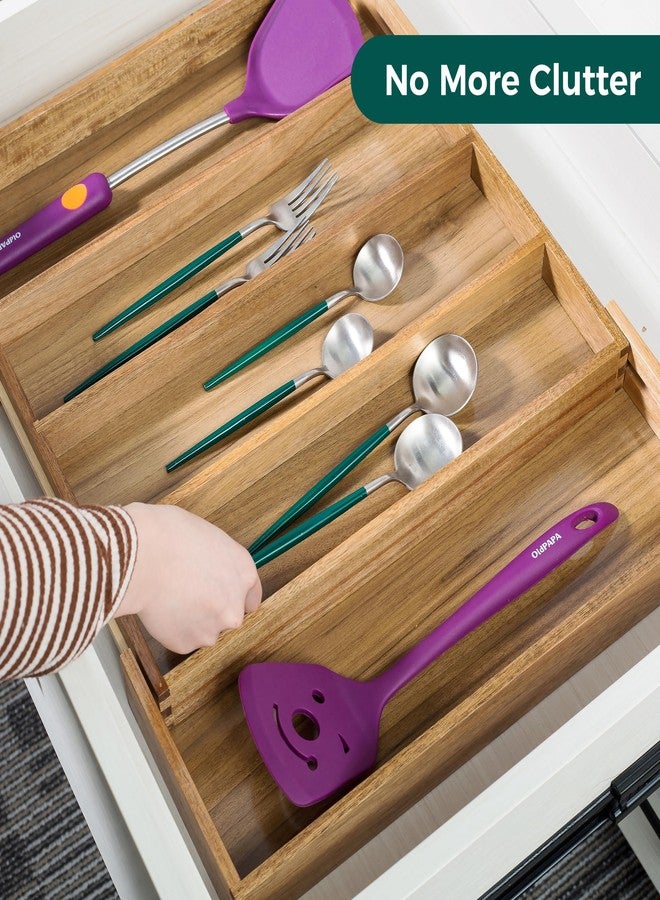 Utoplike Acacia Expandable Kitchen Drawer Organiser, Adjustable Cutlery Organiser in Drawer, Utensil Tray Holder Organiser, Drawer Divider for Flatware, Silverware, Knives in Kitchen - Image 2