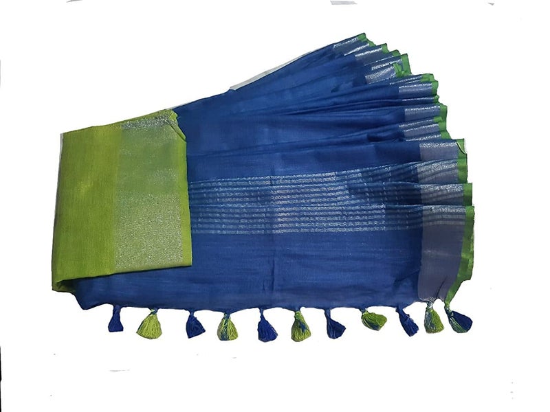 SheenKraft Bhagalpuri Linen Handloom Cotton Blend Saree for Women (Blue-Parrot Green) - Image 5